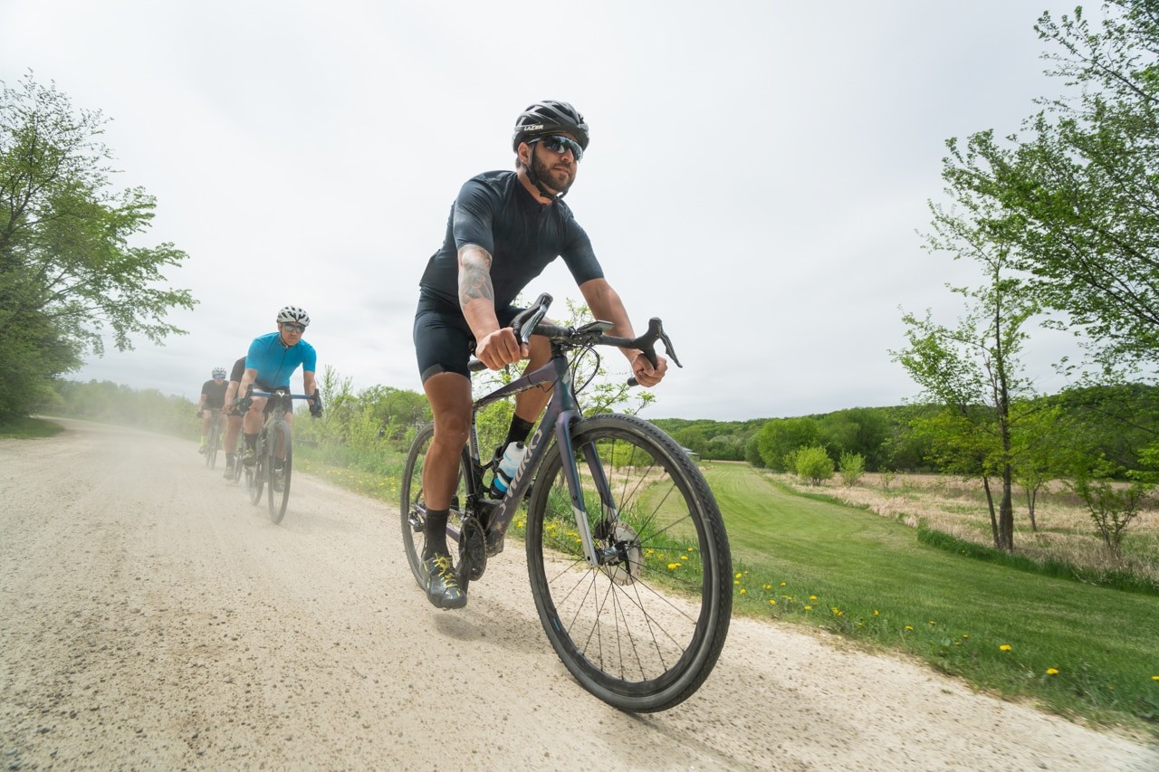 Cyclist riding bike with Shimano GRX groupset